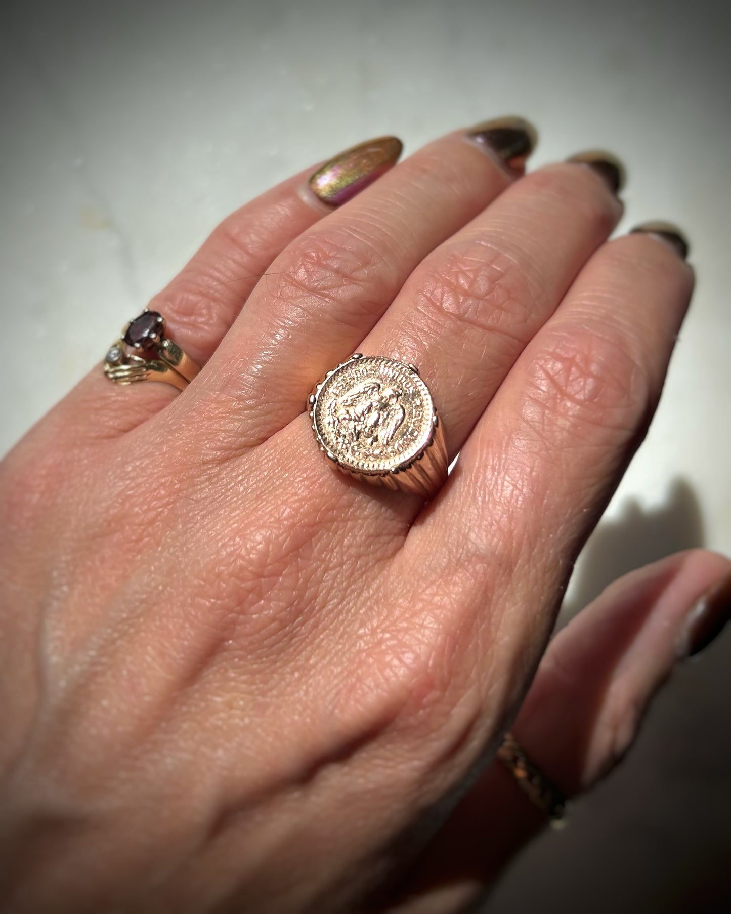 Antique 9ct ring with 14ct Mexican Dos Pesos Coin